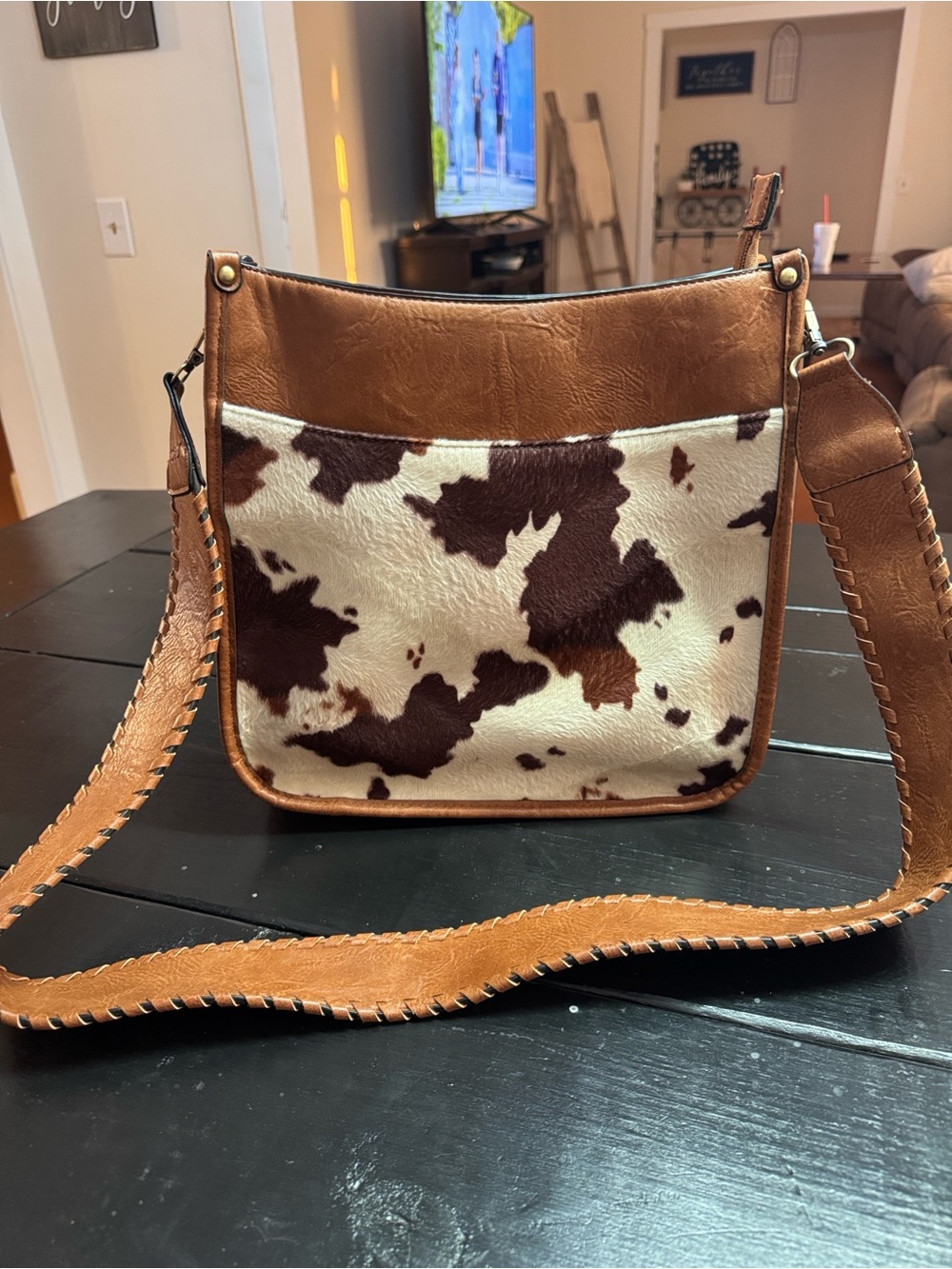 Leather-Trim Cowhide Pattern Shoulder Bag in Brown and Cream